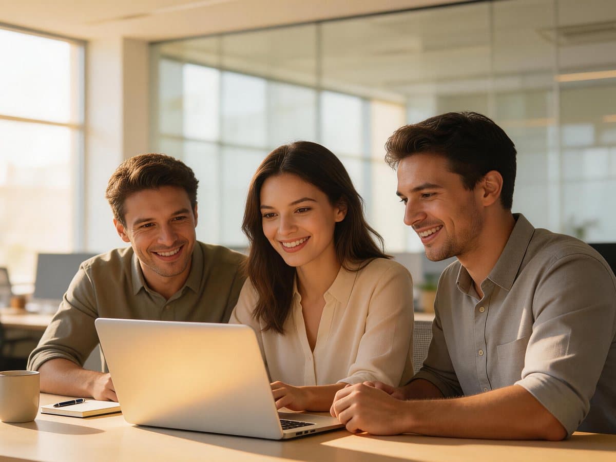 Drei Kollegen werten gemeinsam Daten am Laptop aus